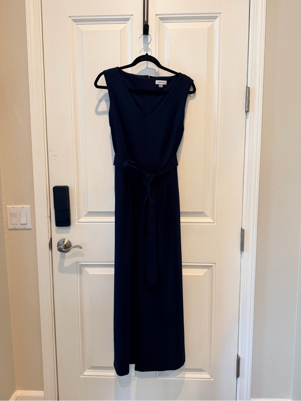Calvin Klein Navy V-Neck Sleeveless Belted Jumpsuit